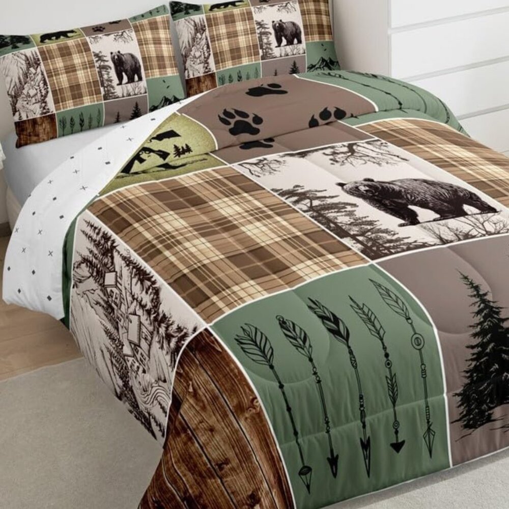 Brand New 3 PC Rustic Black Bear Lodge Patchwork Comforter Set • KING Size